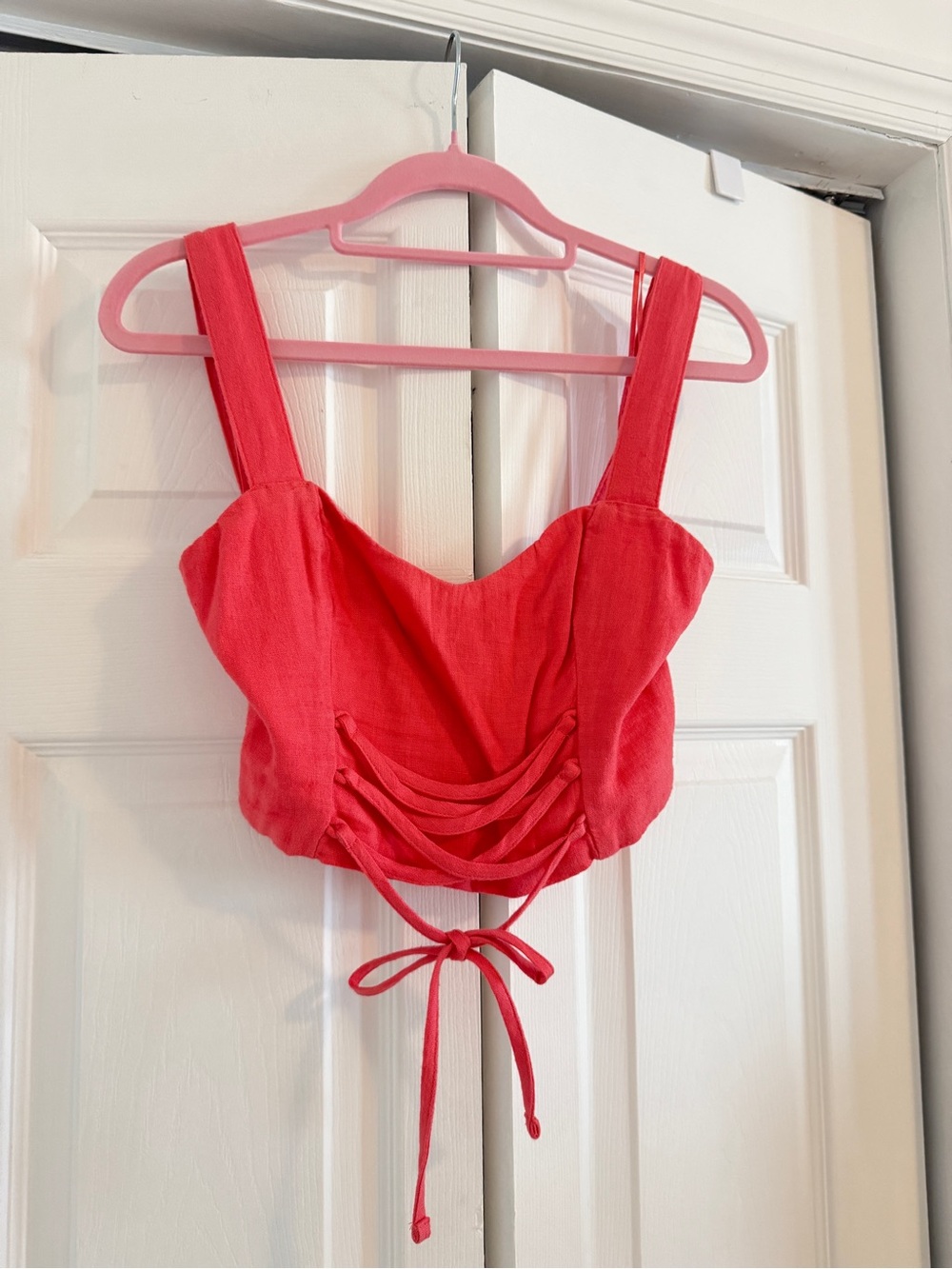 New Abercrombie & Fitch Coral Red Lace-Up Crop Top, Linen Blend, Size XS